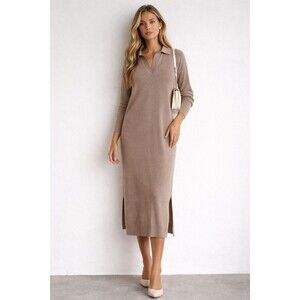 Philosophy Midi Sweater Dress Womens Small Taupe Collared V Neck Side Slit NWT
